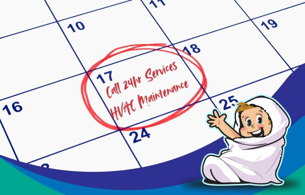 This is an image of a calendar that has a date circled with the text written in it that says "Call 24hr Services HVAC Maintenance."