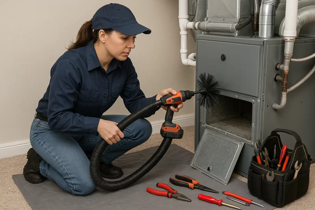 Technician using contact vacuum and mechanical brush inside ductwork access panel