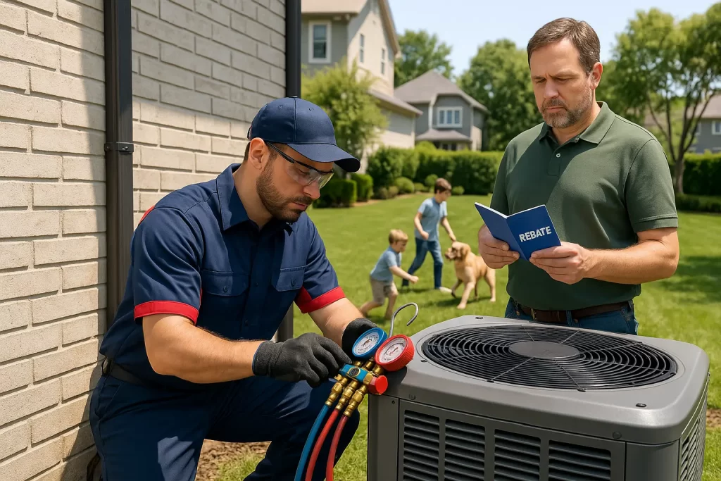 An HVAC technician checking an AC condenser unit on the side of the house while the homeowner reads a brochure on a rebate
