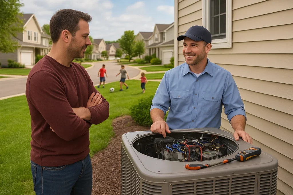 An HVAC technician in homeowner stand on the side of a suburban Home looking at an open AC condenser