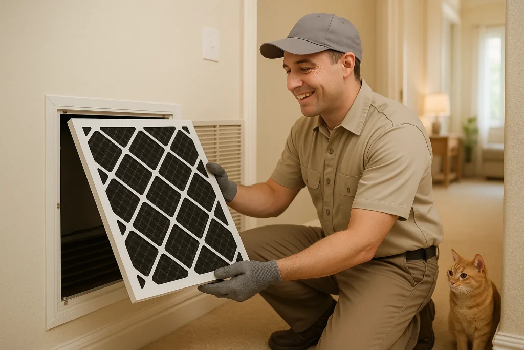 Technician installing activated carbon HVAC filter with cat nearby